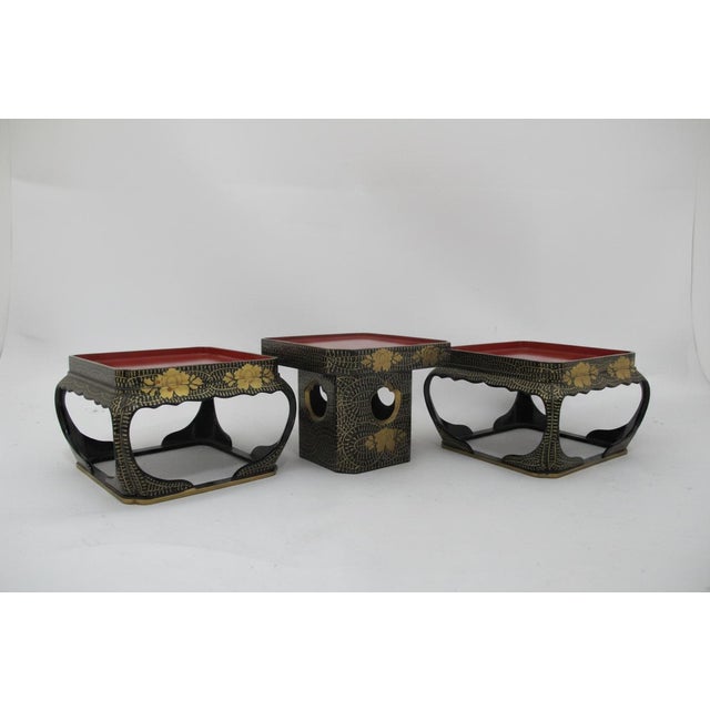 Antique Japanese lacquer Hina doll display stands. Beautiful gold lacquer flowers and vine design on black lacquered wood....