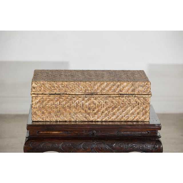 Vintage Country-Style Rectangular Rattan Storage Box with Hinged Lid For Sale - Image 12 of 18