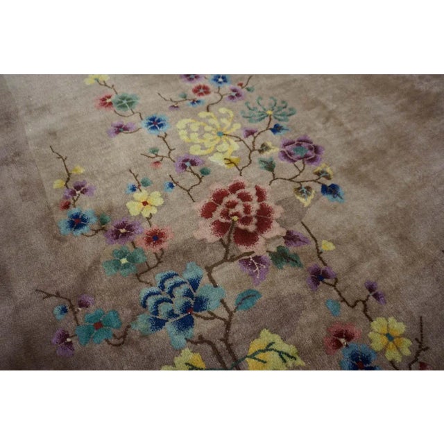 1920s Tan Taupe Garden Antique Chinese Art Deco Carpet 8'9" X 11'6" Handknotted Wool Rug For Sale - Image 11 of 15