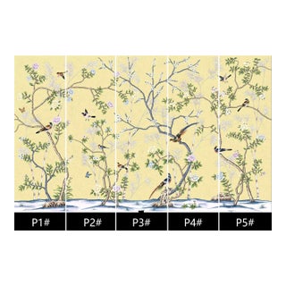 36" * H100"/Panel * 5ps, Pale Yellow Floral and Bird Wallpaepr, Chinese-Style Floral and Bird Wallpaper Mural, 5 Panels For Sale