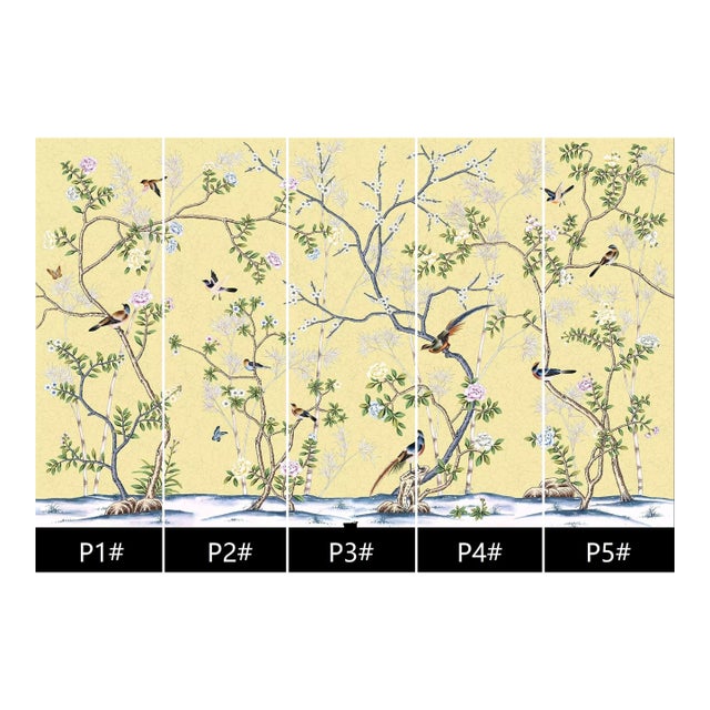 36" * H100"/Panel * 5ps, Pale Yellow Floral and Bird Wallpaepr, Chinese-Style Floral and Bird Wallpaper Mural, 5 Panels For Sale