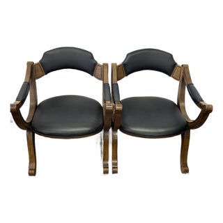 1960s Mid-Century Drexel Curule Armchairs in Black Vinyl - Pair For Sale