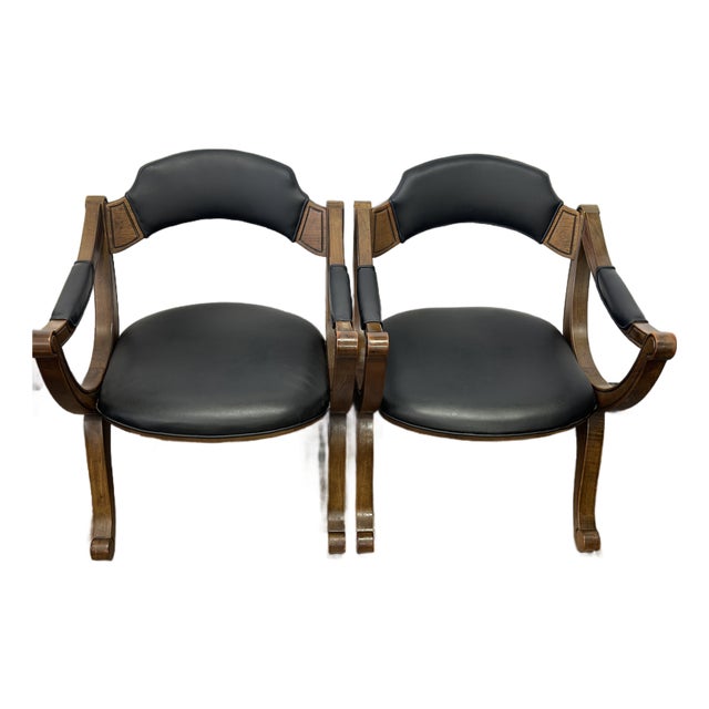 1960s Mid-Century Drexel Curule Armchairs in Black Vinyl - Pair For Sale