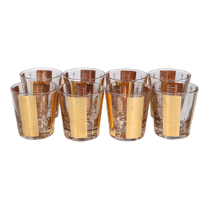 Mid 20th Century Hollywood Regency Measuring Tape or Ruler Motif Gold Deposit Old Fashioned Glasses - Set of Eight