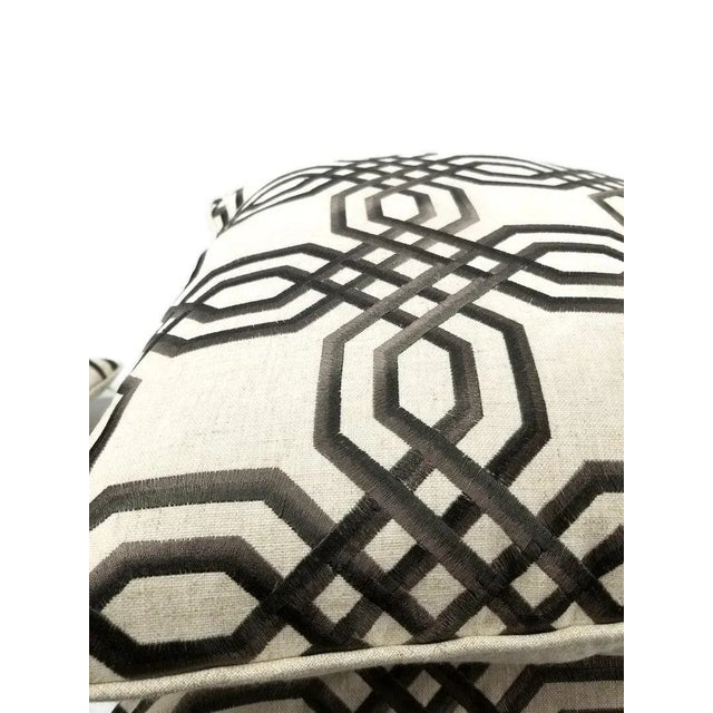 Contemporary Brown Embroidered Geometric Design on Linen and Self-Welt Pillow Cover - 20" X 20" For Sale - Image 3 of 7
