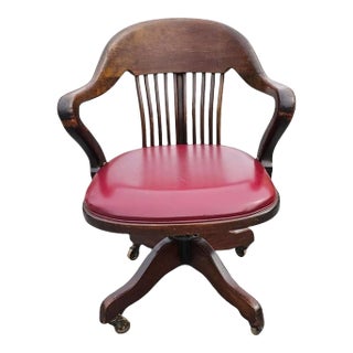 Early 20th C. Oak and Vinyl Upholstered Seat Rolling & Swivelling Banker's Chair For Sale