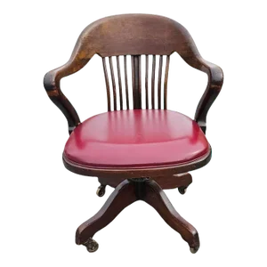 Early 20th C. Oak and Vinyl Upholstered Seat Rolling & Swivelling Banker's Chair