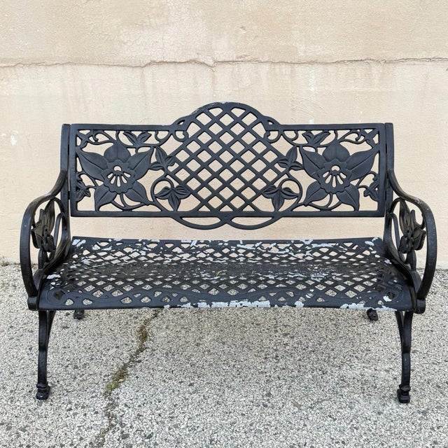 Contemporary Art Nouveau Style Cast Aluminum Garden Patio Garden Bench Loveseat. Circa Mid 20th Century. Measurements: 33"...