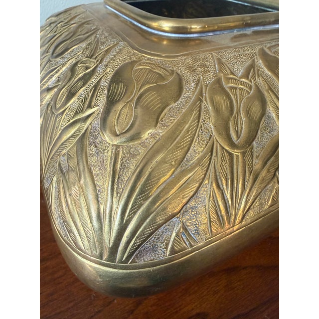 Antique Art Nouveau Brass Floral Jardiniere Cachepot Planter / Vase For Sale - Image 4 of 4