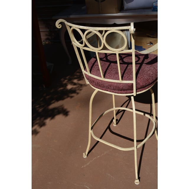 Timmerman Pale Yellow Wrought Iron & Glass Top Round Patio Bistro Bar Set W/ 3 Swivel Stools For Sale - Image 9 of 17