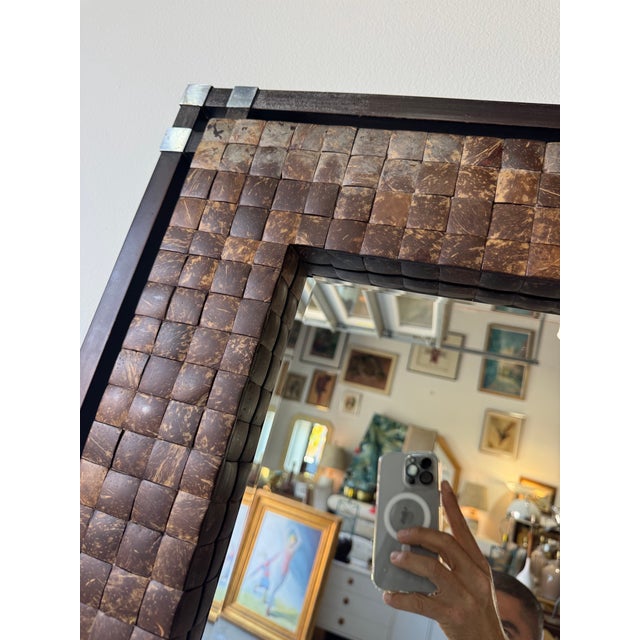 Wood Vintage Coastal Organic Coconut Shell & Wood Wall Mirror With Metal Accents For Sale - Image 7 of 12
