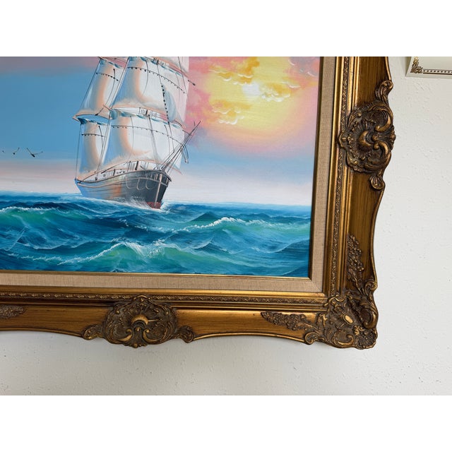 Original Marine Oil Painting Tall Ship on Open Sea Nautical Seascape Gold Frame For Sale - Image 10 of 11