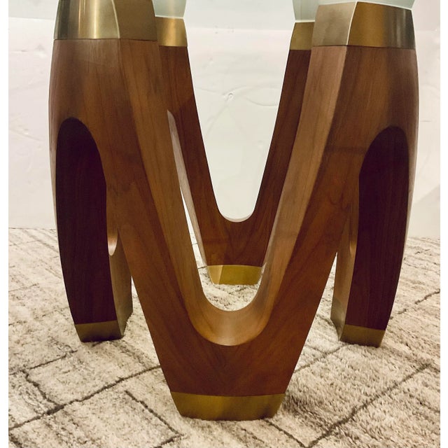 Original retail $10,497, stylish Global Views Mod Wood and Gold Wave Dining Table, glass top, showroom floor sample