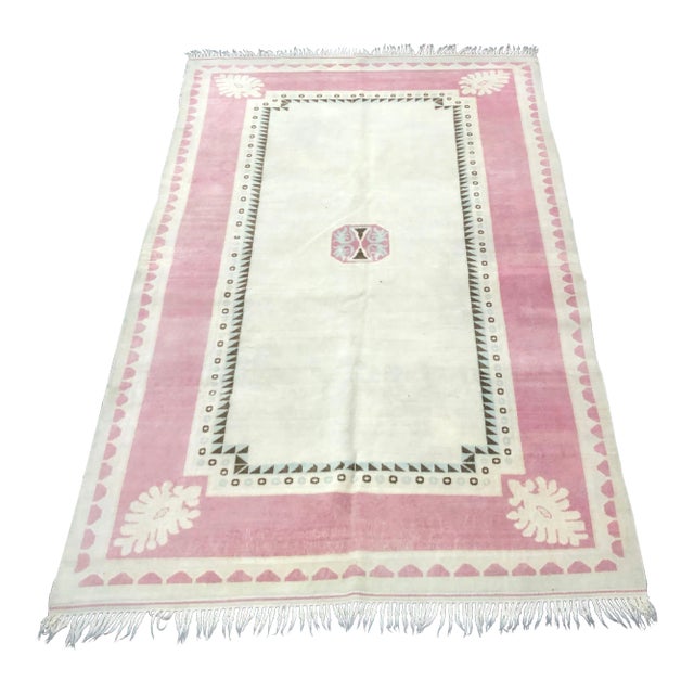 Vintage Traditional Turkish Handmade Beige and Pink Rug For Sale