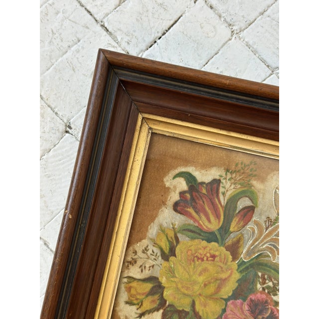 Wood Antique Victorian Floral Theorem Painting on Velvet, Circa Late 19th Century For Sale - Image 7 of 15