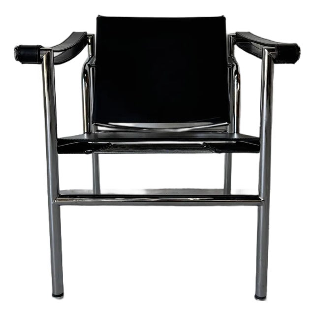 Vintage Italian Lc1 Style Leather and Chrome Lounge Chair For Sale