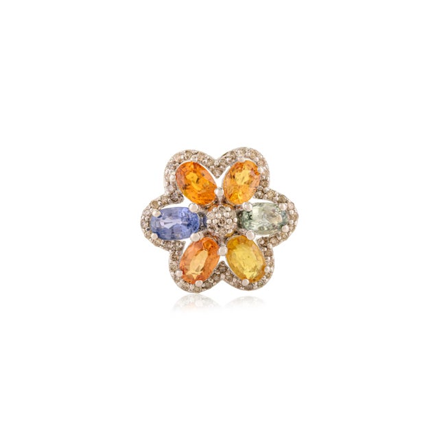 Art Deco Bochic Solid Silver Oval Multi Sapphire & Diamond Cluster Cocktail Ring - Size 8 For Sale - Image 3 of 10