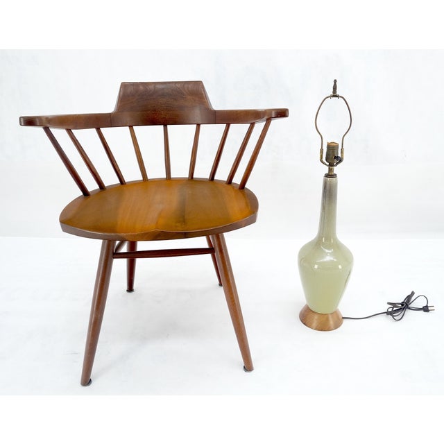 Olive Green Art Pottery Ceramic Vase Shape Table Lamp Turned Walnut Base MINT