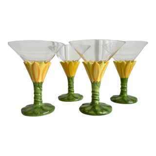Vintage 222 Fifth Hand Painted Glazed Sunflower Martini Margarita Glasses- Set of 4 For Sale