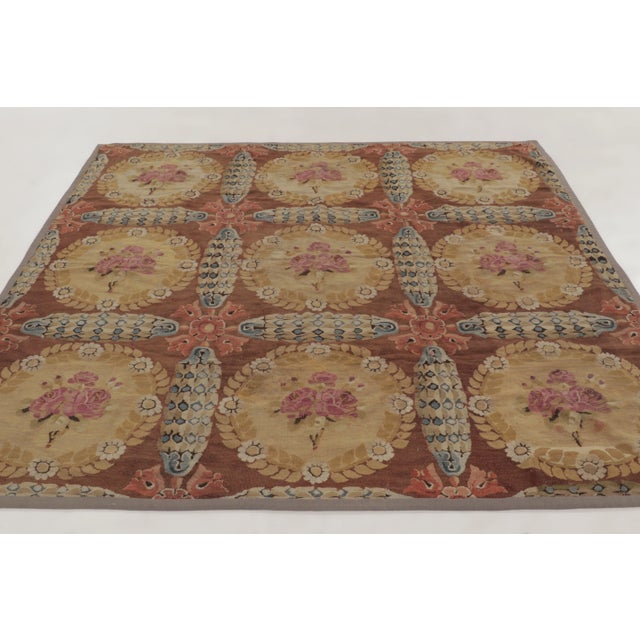 Camel Antique 19th Century Aubusson Square Rug With Bold Floral Medallion - Rug & Kilim For Sale - Image 8 of 11