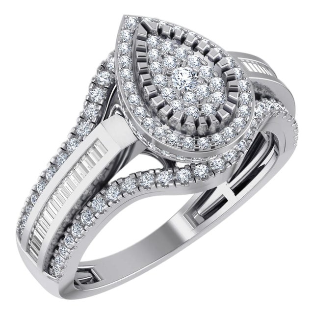 10K White Gold Round Baguette Diamond Pear Shape Sz 7 Designer Ladies Ring 3/4 Cttw For Sale