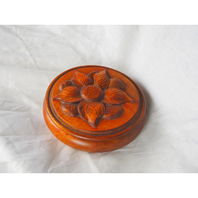 Wood Midcentury French Large Turned Wood Box With Carved Flower For Sale - Image 7 of 11