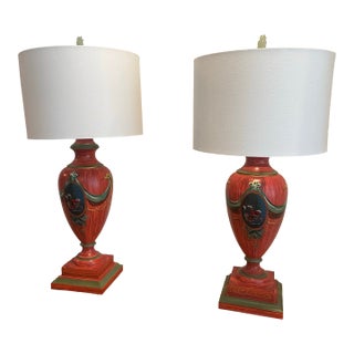 Vintage Hand Painted Red Lamps - a Pair For Sale