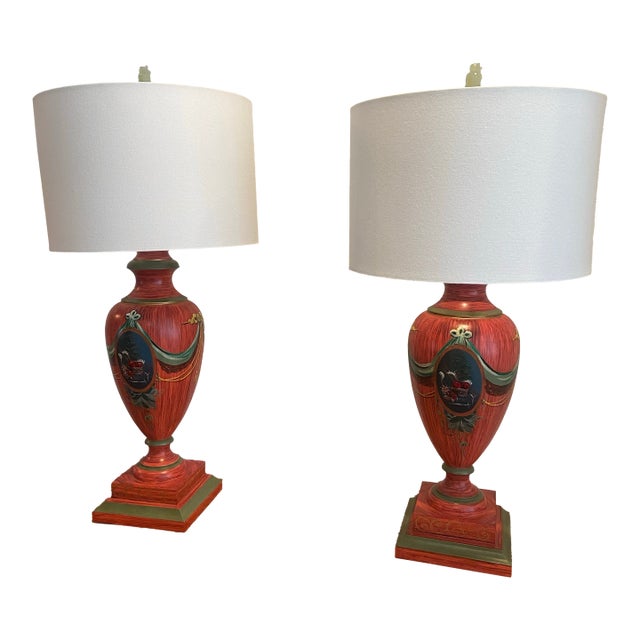 Vintage Hand Painted Red Lamps - a Pair For Sale