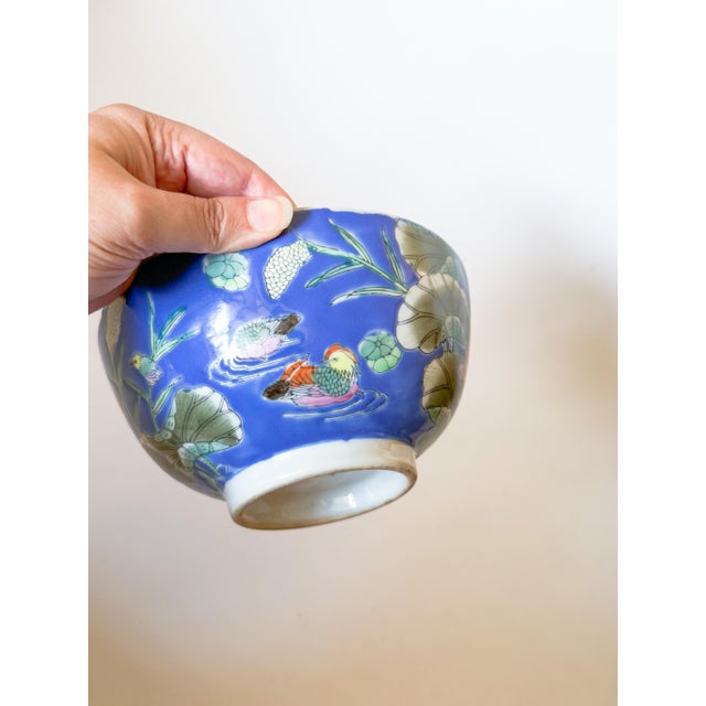 Blue Vintage Chinoiserie Blue Bowl With Lily Pad and Mandarin Ducks For Sale - Image 8 of 9