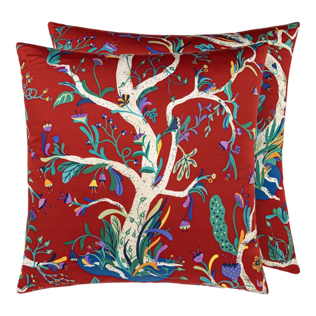The House Of Scalamandré Enchanted Meadow Square Pillow In Ruby For Sale