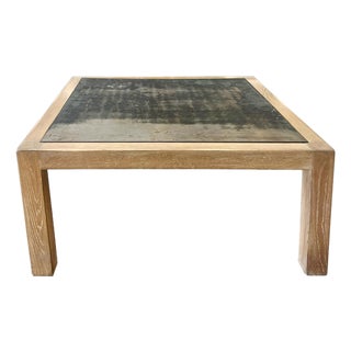 Vintage Oak & Steel Top Square Coffee Table For Sale