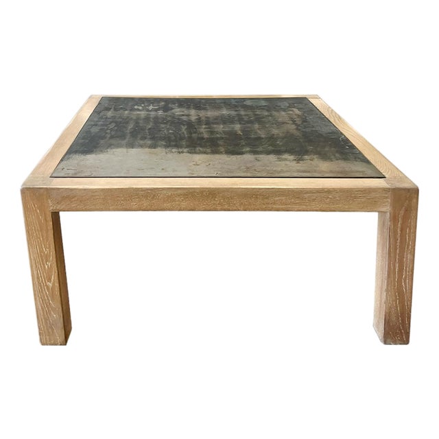 Vintage Oak & Steel Top Square Coffee Table For Sale
