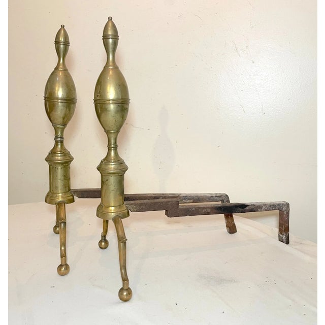 Pair of Antique 1700's Peened Brass Wrought Iron Federal Double Lemon Andirons For Sale - Image 12 of 14