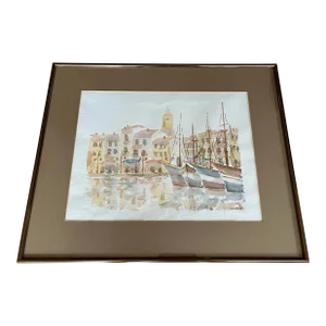 Watercolor Painting of St. Tropez, France Harbor 1980s