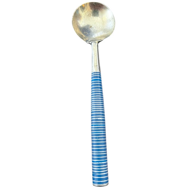 Shabby Chic Vintage French Country Periwinkle Blue Ceramic Lidded Canister & Striped Spoon After Digoin Sarreguemines For Sale - Image 3 of 13
