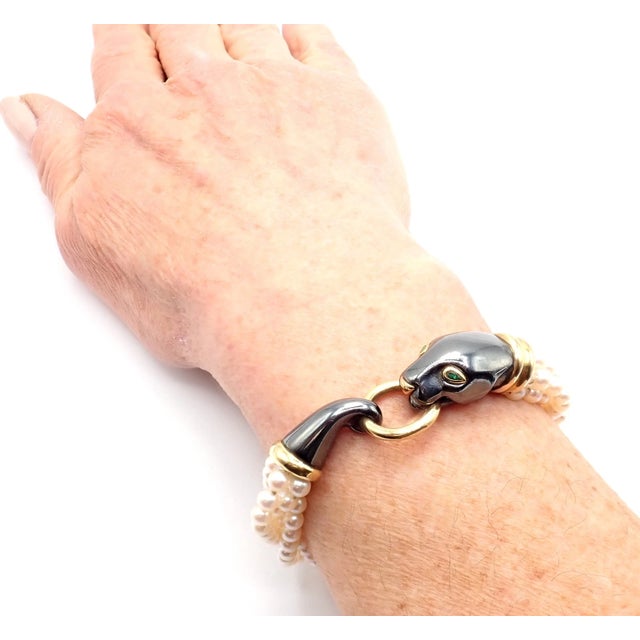 1990s Panthere De Cartier Panther Yellow Gold & Silverium Pearl Emerald Bracelet For Sale - Image 13 of 14