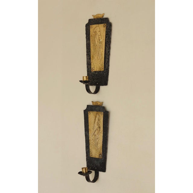 Mid-Century Modern Swedish Brass and Wrought Iron Sconces with Bird Motifs, Set of 2 For Sale - Image 6 of 14