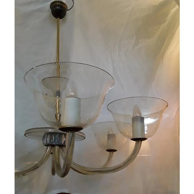 Large Mid-Century Chandelier with Mouth-Blown Glass Bowls, Candle Spouts & 6 Bent Glass Arms, 1950s For Sale - Image 4 of 6