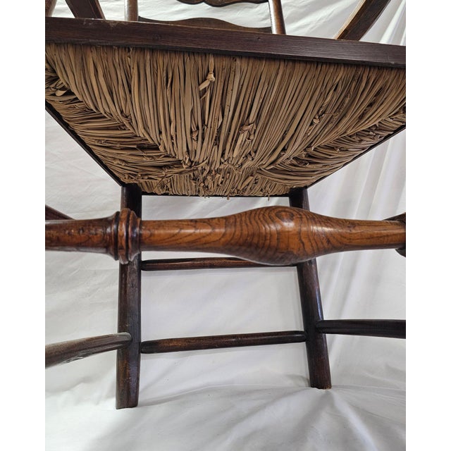 Chestnut Matched Pair of Antique Eighteenth-Century English Ladderback Rush Seat Chairs For Sale - Image 8 of 10