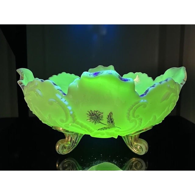 Victorian Northwood Chrysanthemum Sprig Custard Glass-Uranium Glow-Berry Bowl Set-Antique For Sale - Image 3 of 12