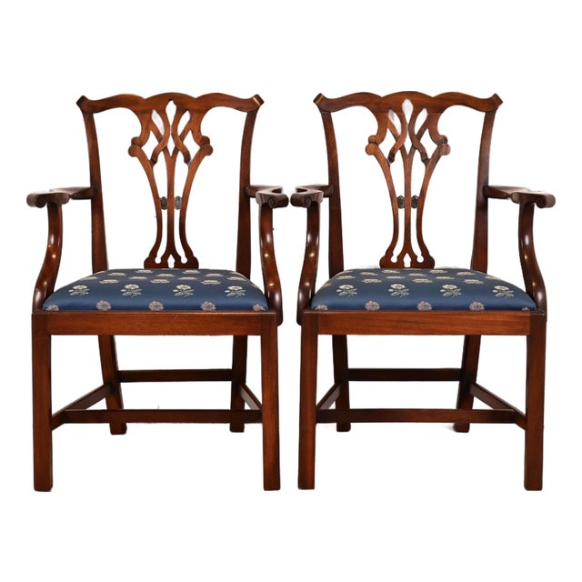 Baker Furniture Style Georgian Carved Mahogany Armchairs, Pair For Sale