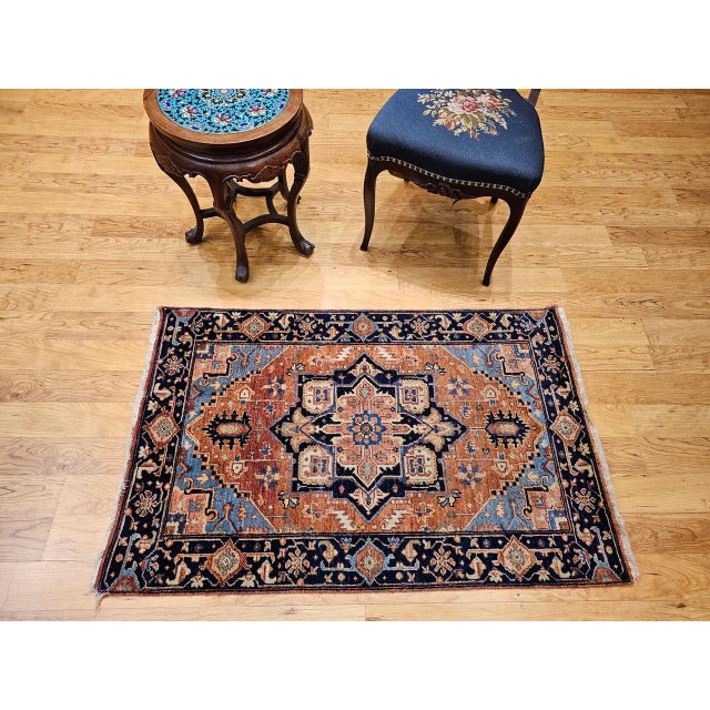Antique Persian Heriz Serapi Rug, Hand-Knotted Wool, Geometric Pattern, Brick-Red & Blue, 3x3 For Sale - Image 4 of 13