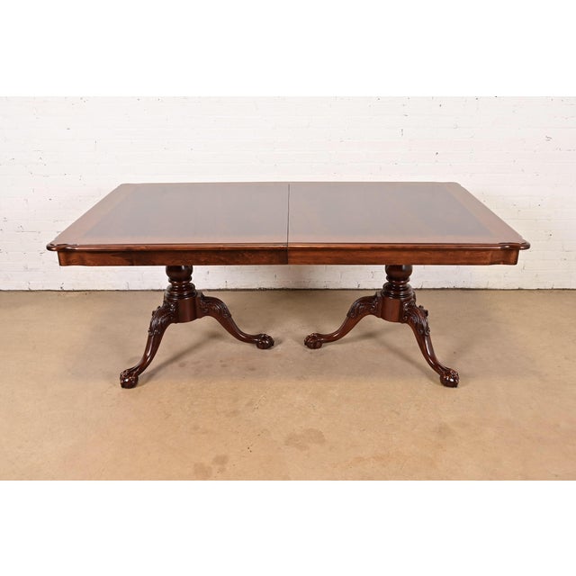 Wood Thomasville Chippendale Banded Flame Mahogany Double Pedestal Extension Dining Table, Newly Refinished For Sale - Image 7 of 15