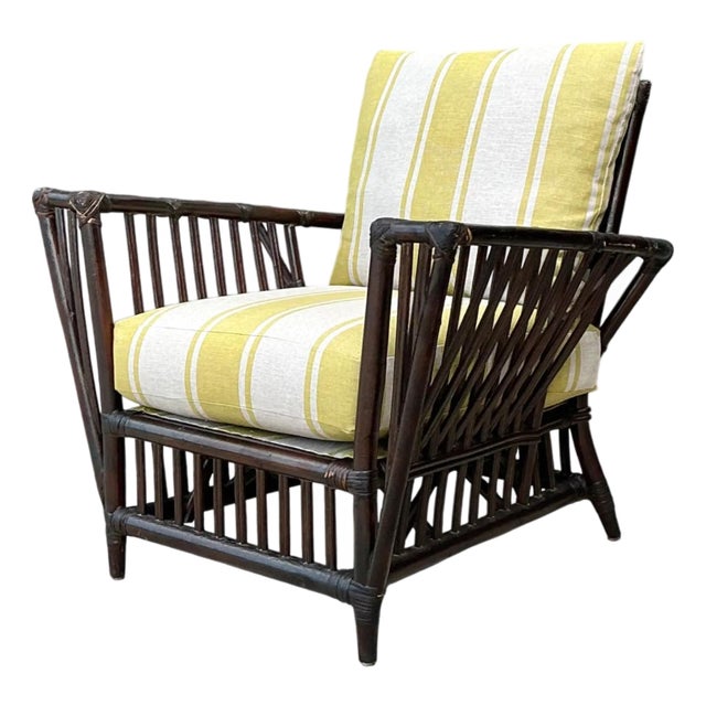 Vintage Stick Rattan Rattan Lounge Chair in Ralph Lauren Cabana Stripe For Sale