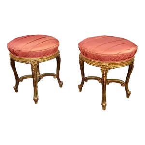 19th Century Louis XV Carved Gilt-Wood & Upholstered Stools-A Pair