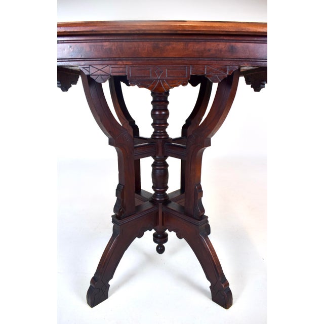 Victorian Antique Aesthetic Movement Victorian Carved Mahogany Marble Top Parlor Side Table For Sale - Image 3 of 9