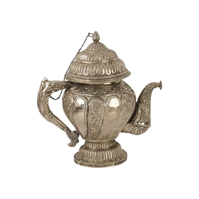 Tibetan Asian Indian Repousse Chased Silver Alloy Ewer For Sale - Image 4 of 9