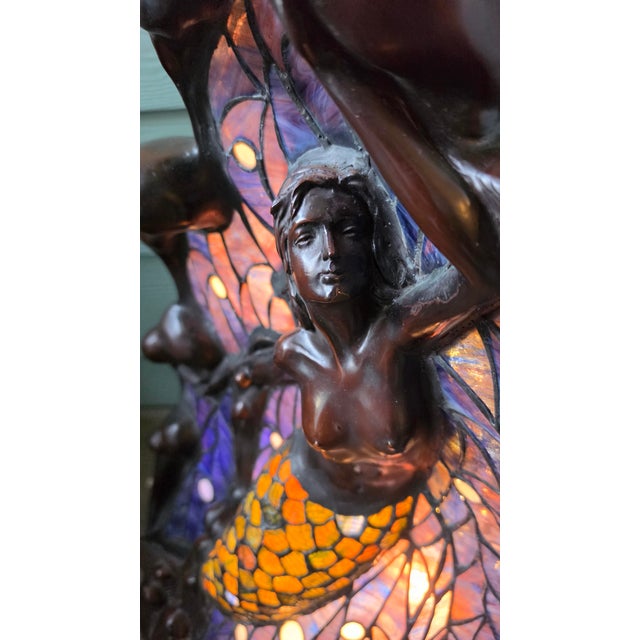 Vintage Art Nouveau Style Stained Glass Mermaid Table Lamp - Coastal Bronze Finish Sculpture For Sale In Seattle - Image 6 of 8