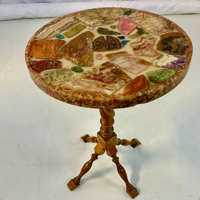This is a stunning Americana Folk Art Boho Chic Pedestal Drinks Table. It's crafted from slices of semi-precious stones...