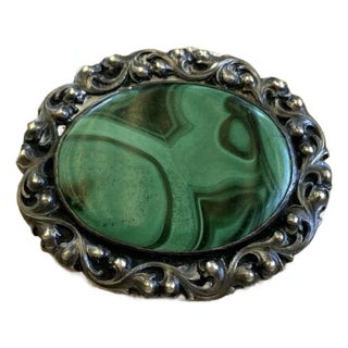 1900 - 1909 Rare Antique Silver and Malachite Robert Merath Ulm Signed Brooch For Sale